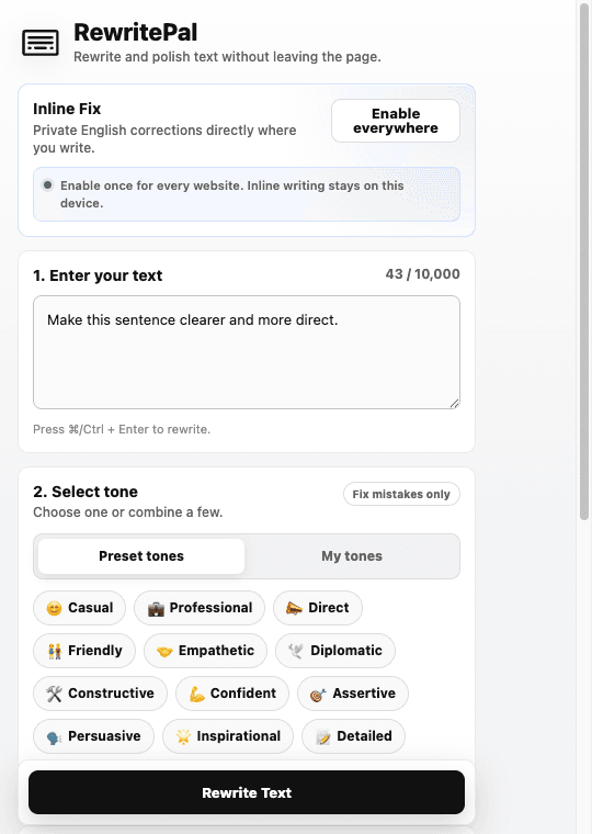 Current RewritePal Chrome extension popup with Inline Fix and tone controls